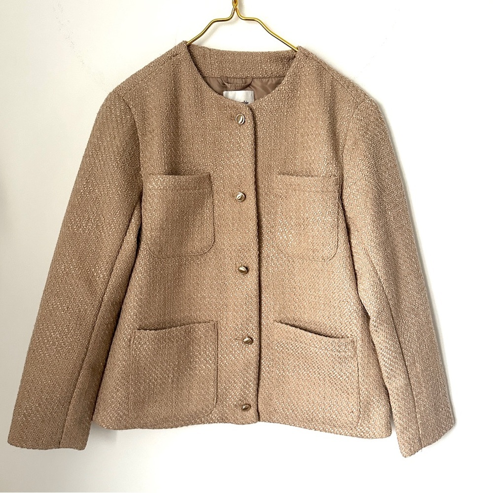 NWT Abercrombie & Fitch Elegant Feminine Tan Collarless Tweed Jacket Size Large - Picture 1 of 7